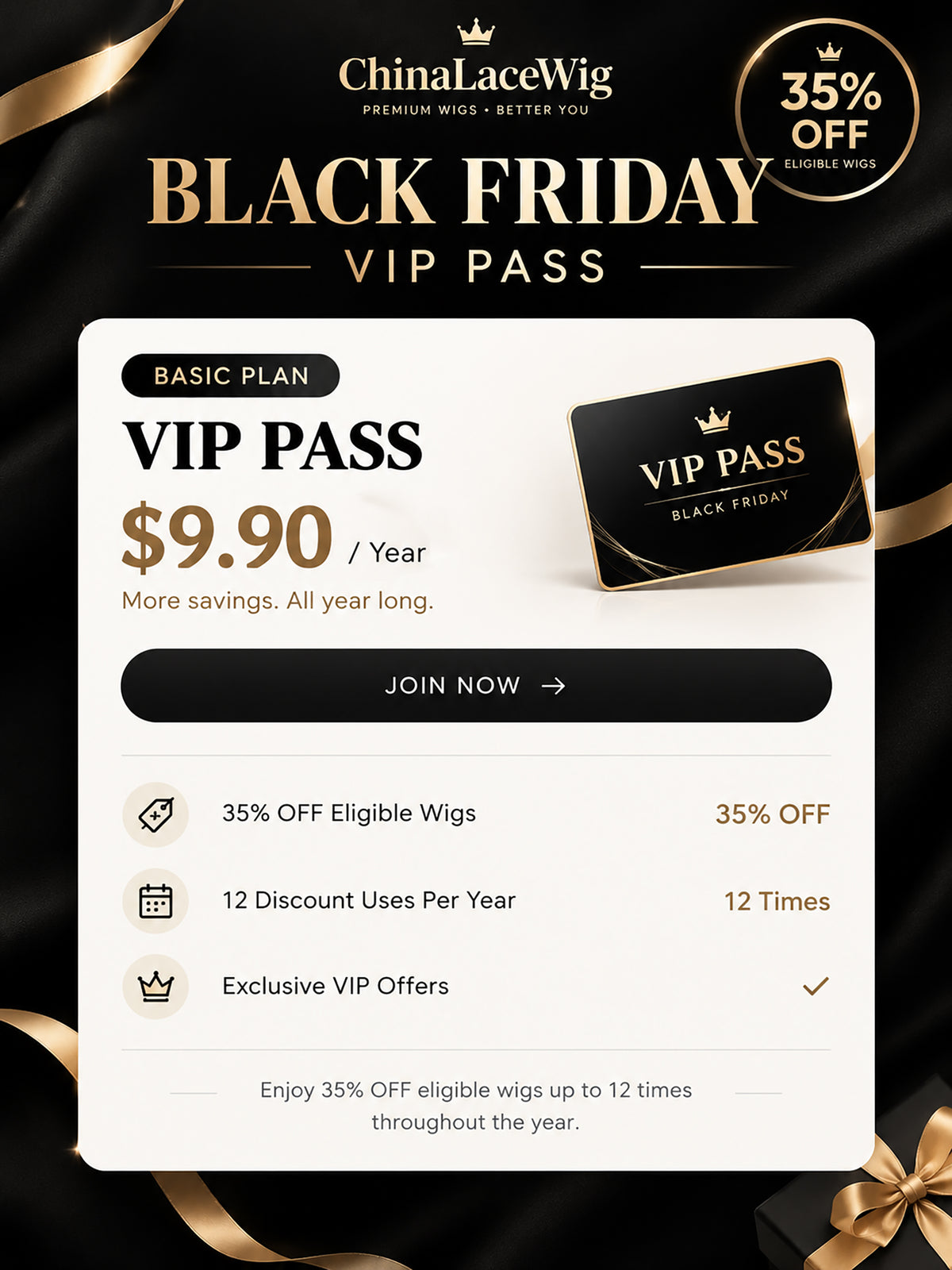 ChinaLaceWig Black Friday 2026 VIP Pass – 35% OFF All Year VIP01