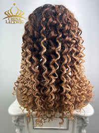 Chinalacewig Glueless Human Hair Lace Front Wig Blonde Ombre Color Deep Curly Wigs NCF990