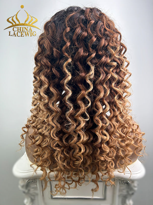 Chinalacewig Glueless Human Hair Lace Front Wig Blonde Ombre Color Deep Curly Wigs NCF990