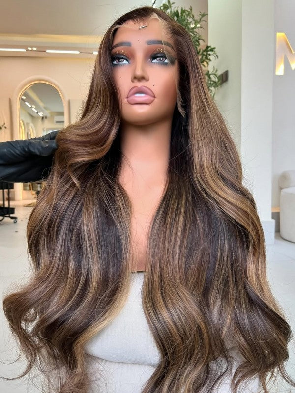 Chinalacewig Human Virgin Hair Highlight Brown 360 HD Lace Wig With  Pre Plucked Elastic Band CF75