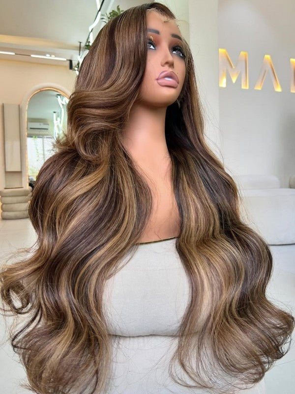 Chinalacewig Human Virgin Hair Highlight Brown 360 HD Lace Wig With  Pre Plucked Elastic Band CF75