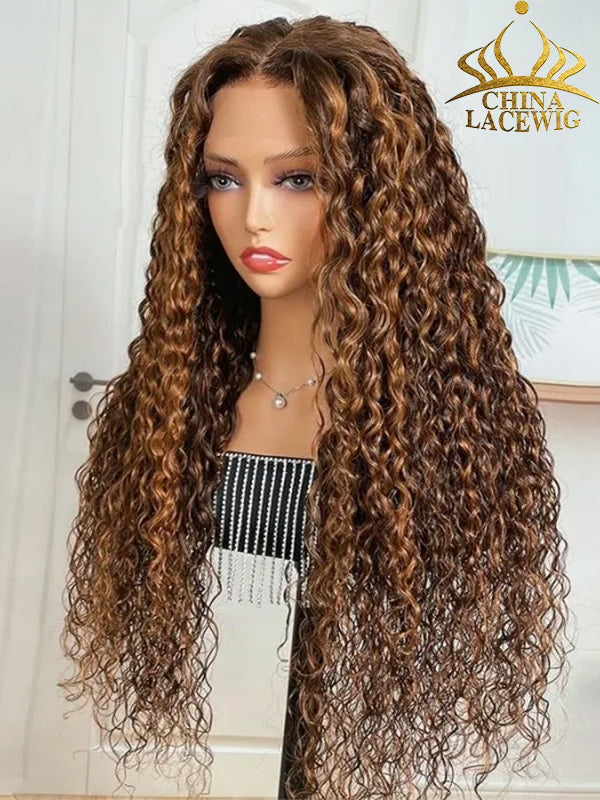 Chinalacewig Curly Brown Highlight Ombre Undetectable HD Lace Human Hair 360 Lace Wigs CF71