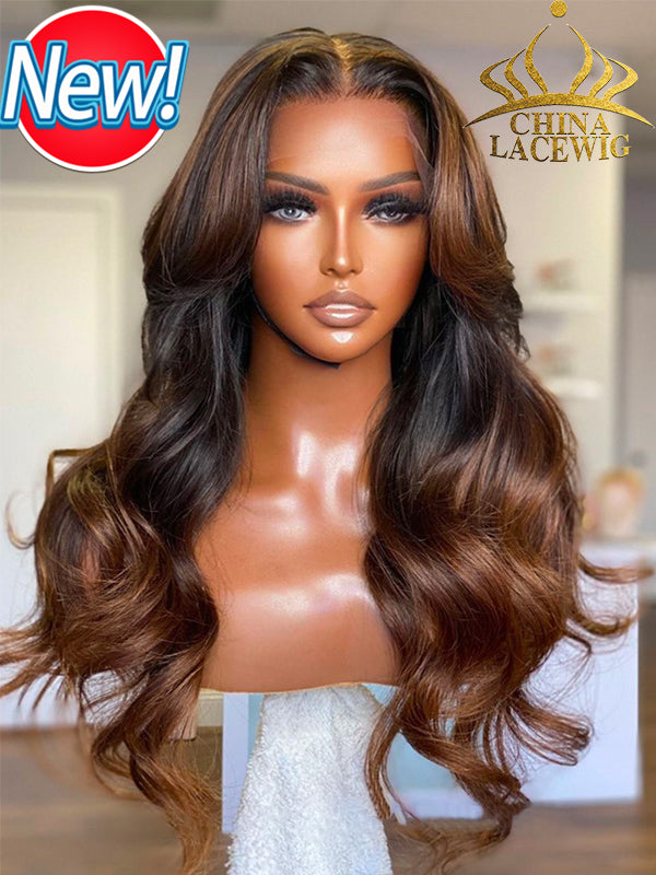 Long Layered Curtain Bangs with Rich Honey Brown Ombre 360 HD