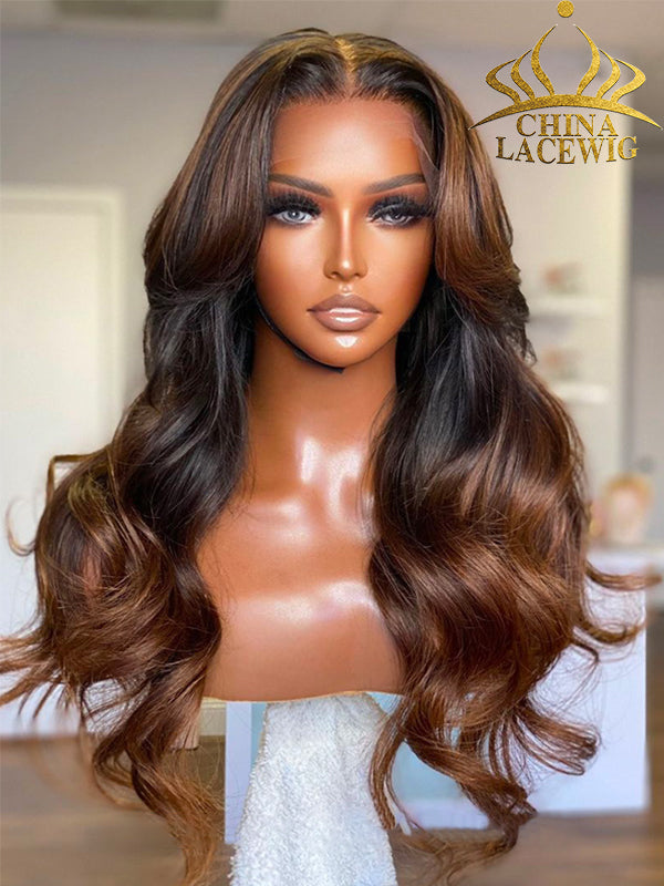 Long Layered Curtain Bangs with Rich Honey Brown Ombre 360 HD Invisible Lace Wigs CF73