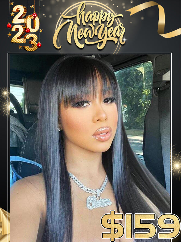 Anniversary Sale Natural Color Silk Straight With Bang 5x5 HD Invisible Lace Closure Wig ANS04
