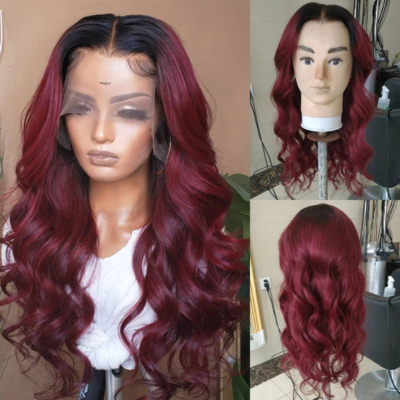 Chinalacewig Burgundy Ombre Color Virgin Hair 360 HD Lace Frontal Wig Wavy NCF112