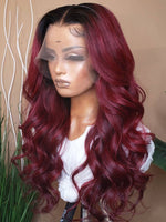 Chinalacewig 2021 Burgundy Ombre Color Virgin Hair Lace Frontal Wig Wavy Hairstyle For Beginners NCF112