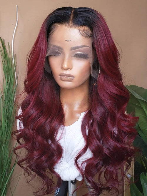 Chinalacewig 2021 Burgundy Ombre Color Virgin Hair Lace Frontal Wig Wavy Hairstyle For Beginners NCF112