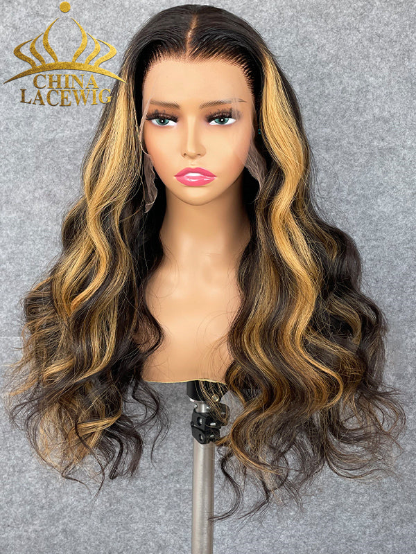 Chinalacewig 30A Custom Highlight Color 13x6 Lace Frontal Wig Bleached Knots Human Virgin Hair C012