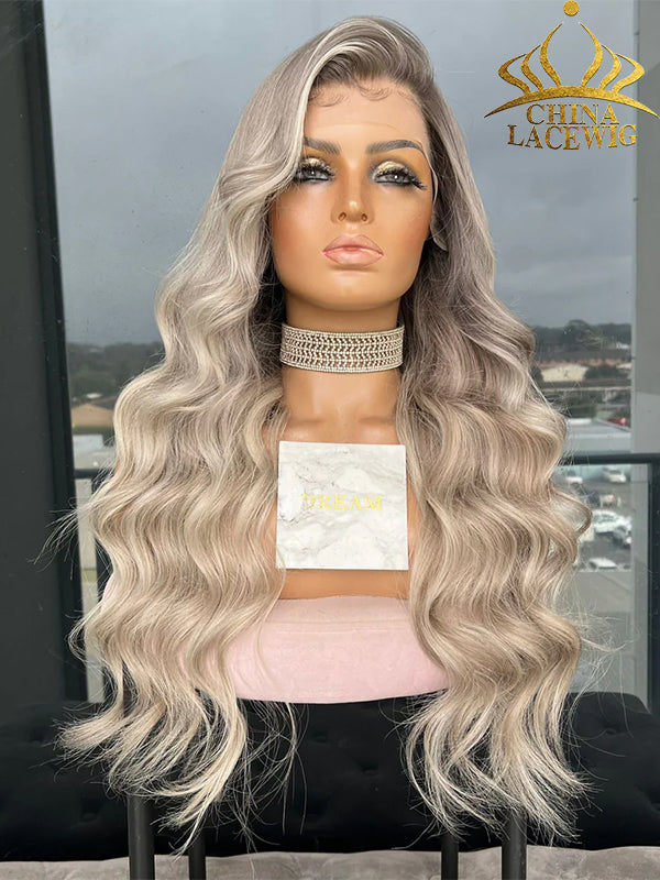 Chinalacewig Custom Wig Lace Frontal Dark Ash Root With Lowlight Bleached Knots Human Virgin Hair C04