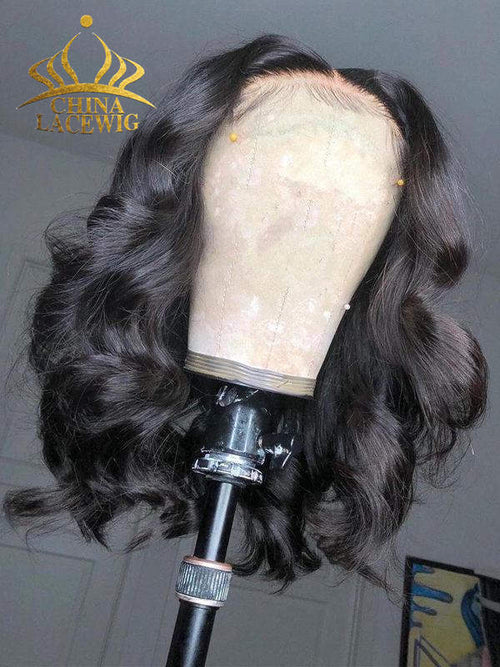 Chinalacewig Black Color Virgin Human Hair Wavy Bob Lace Front Wigs For Women NCF107