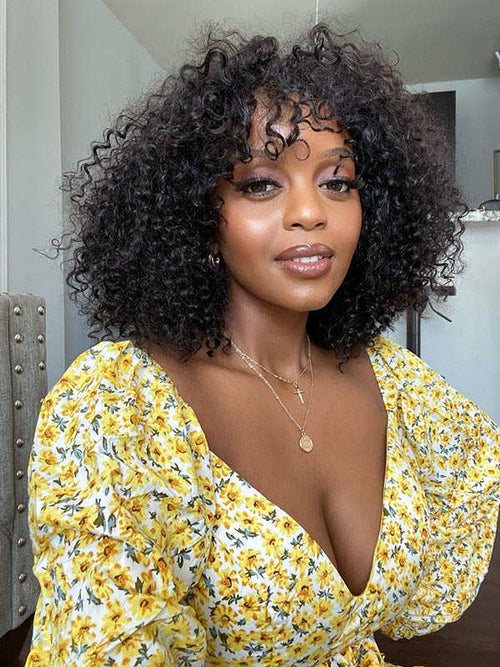 Chinalacewig Glueless Full HD Lace Kinky Curly Bob Human Hair With Bangs NCF35