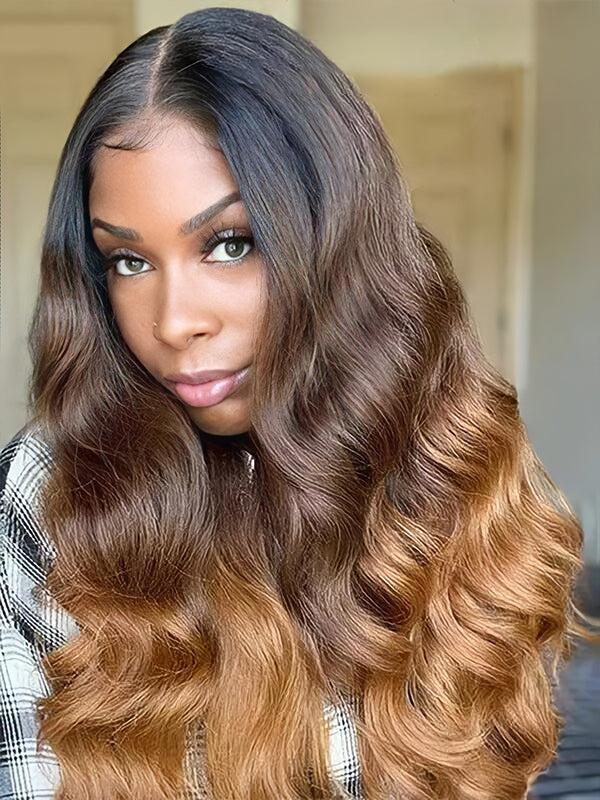 Chinalacewig Human Virgin Hair Ombre Brown 360 HD Lace Wig With  Pre Plucked Elastic Band CF75