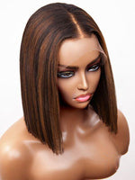 Chinalacewig Malaysian Human Hair Blunt Cut Bob With Brown Highlight Lace Front Wig Bleached Knots CF72