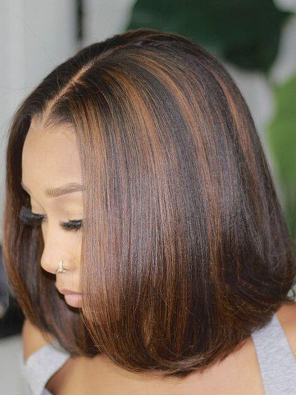 Chinalacewig Malaysian Human Hair Blunt Cut Bob With Brown Highlight Lace Front Wig Bleached Knots CF72