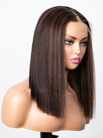 Chinalacewig Malaysian Human Hair Blunt Cut Bob With Brown Highlight Lace Front Wig Bleached Knots CF72