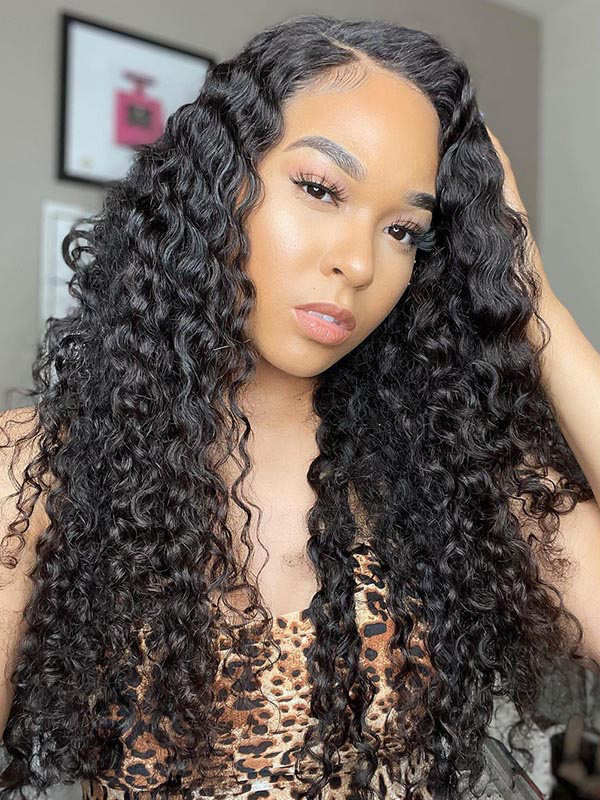 Preplucked Human Hair Black Color Deep Wave Full HD Lace Wig  CF219