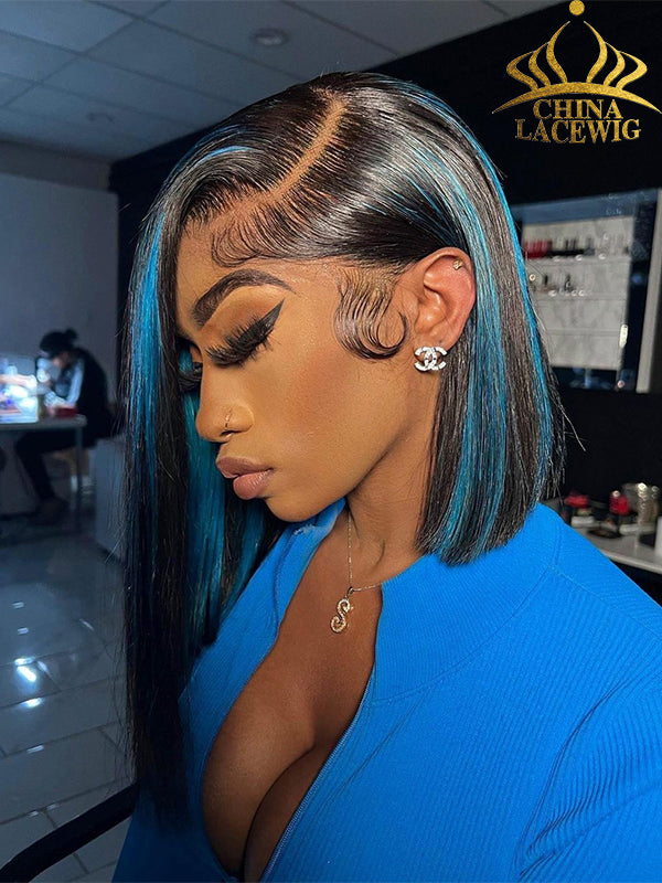 Chinalacewig Preplucked Human Hair Highlight BOB Blue 13x4 Undetecable HD Lace Front Wigs NCF092