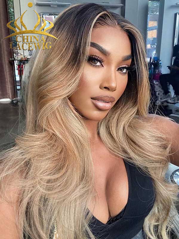 Chinalacewig Royal Film HD Invisible Lace Ombre Blonde Color With Black Root 360 HD Wigs CF92