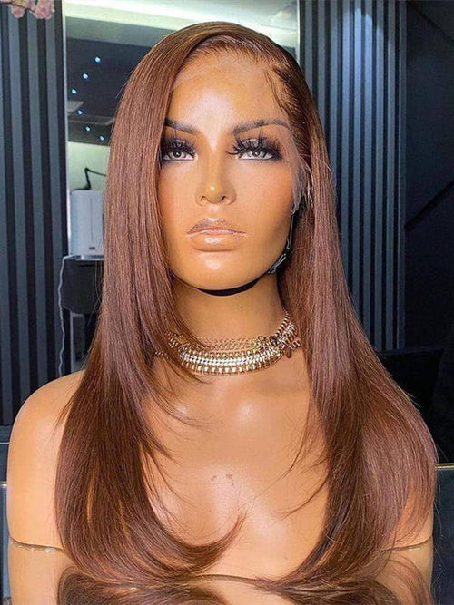 Honey Brown 180% Density Layer Silky Straight 13x6 Transparent Lace Front Wigs CF225