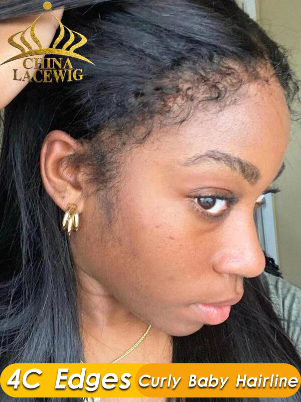 Chinalacewig Type 4C Edges Curly Baby Hairline Undetectable HD Lace Front Wig Kinky Straight With Pre-plucked 4C Natural Hairline NEW001