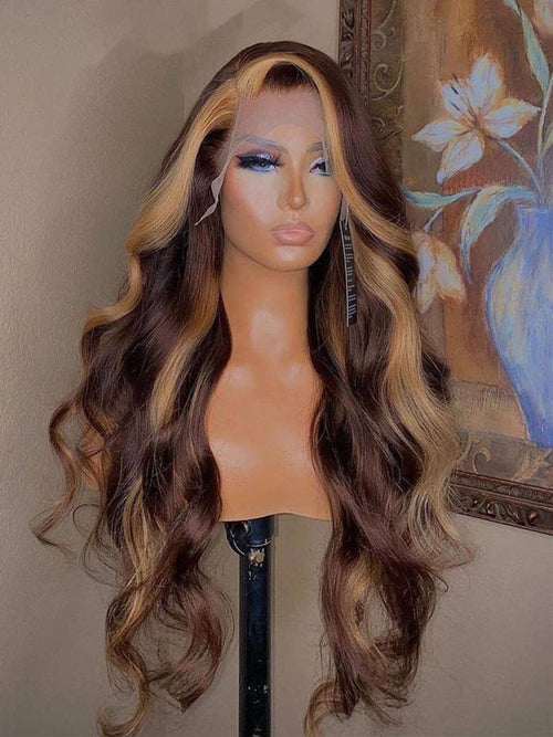 Chinalacewig Undetectable HD Lace Honey Blonde Highlights Hair 360 Lace Wig Body Wave Pre Made Frontal WigsNCF118