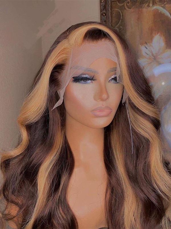 Chinalacewig Undetectable HD Lace Honey Blonde Highlights Hair 360 Lace Wig Body Wave Pre Made Frontal WigsNCF118