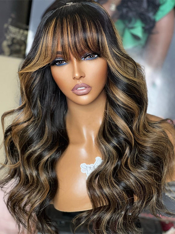 Chinalacewig Highlight Color Body Wave With Bang 5x5 HD Lace Closure Wig NY05